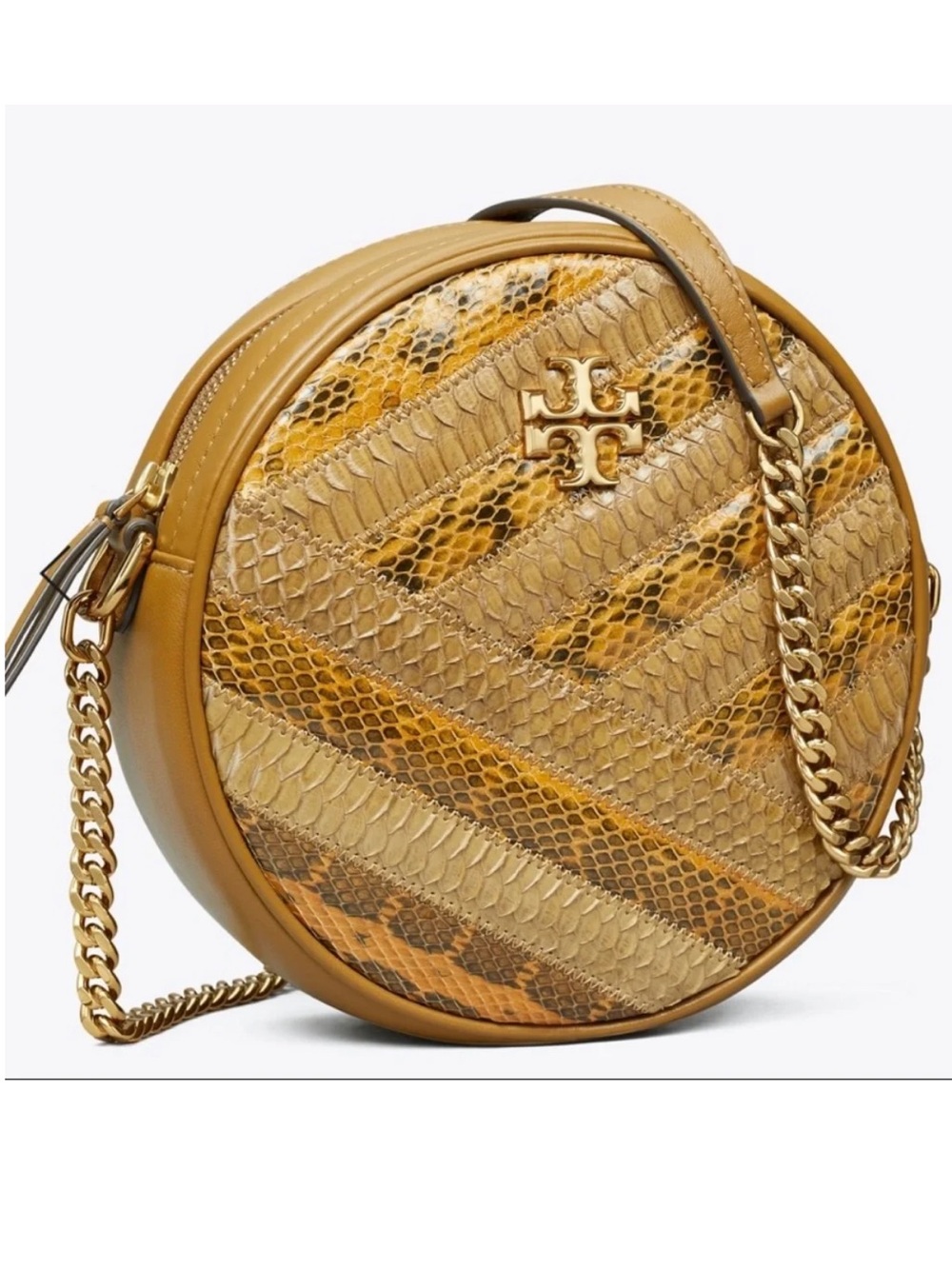 Tory Burch Round Snake-Embossed Crossbody in Mustard and Tan